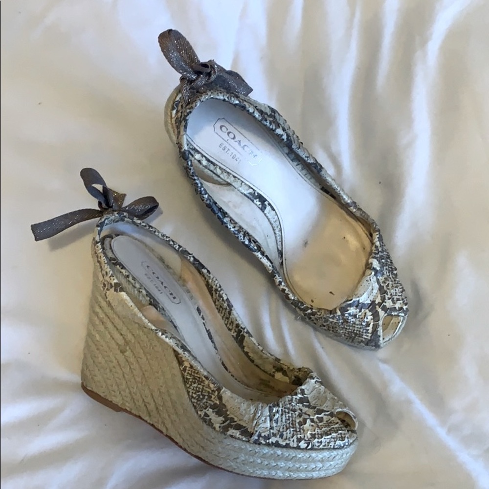 Coach snakeskin wedges bow heel detail